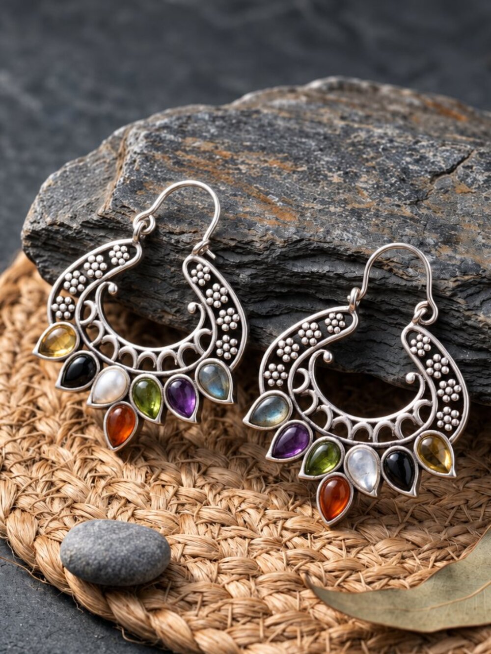 925 Sterling Silver Multi Gemstone Chakra Hoop Earrings Bali Filigree Boho 1.7"